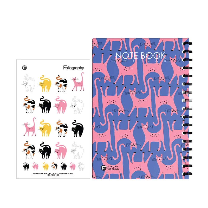 دفتر مشق 100 برگ فولیوگرافی طرح گربه‌ها کد 111  به همراه استیکر