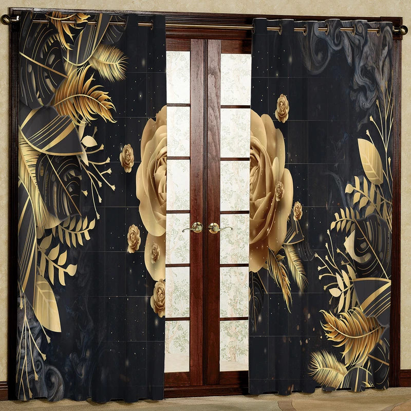 پرده طرح گل رز طلایی مدل مخمل پانچی کد 2663 W سایز 200x140 سانتی متر