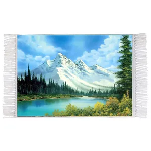 فرش ماشینی دیوارکوب اطلس آبی طرح نقاشی منظره جنگل درخت کوه رودخانه مدل T1124 