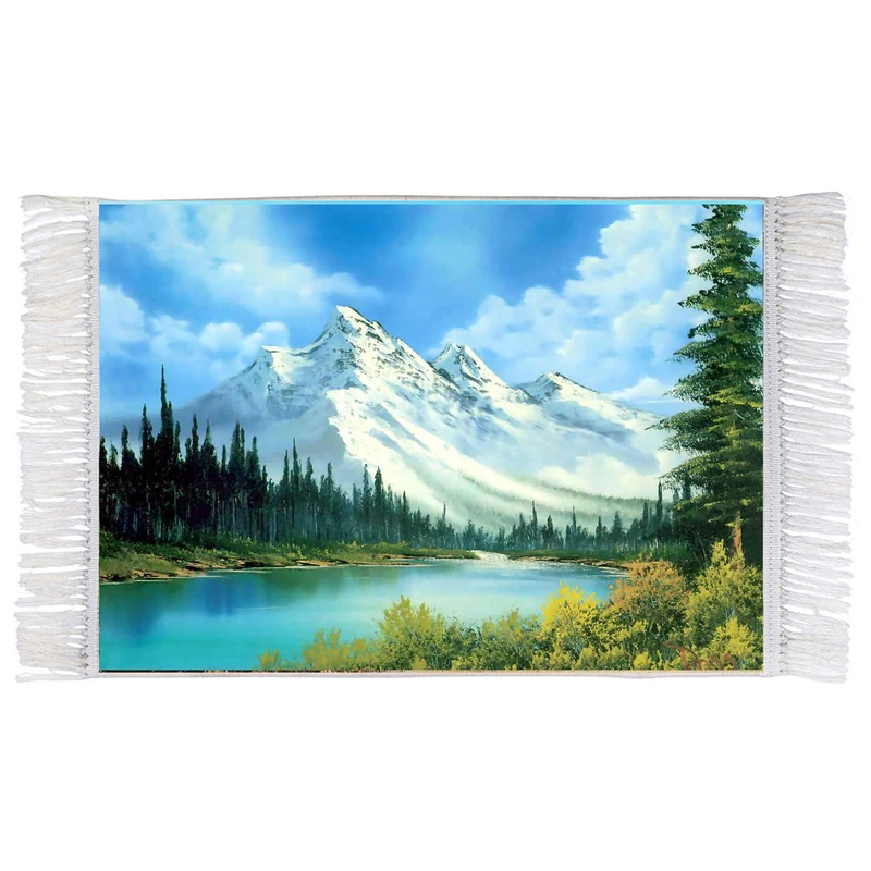 فرش ماشینی دیوارکوب اطلس آبی طرح نقاشی منظره جنگل درخت کوه رودخانه مدل T1124