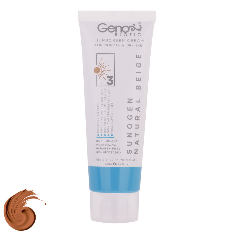 کرم ضدآفتاب رنگی ژنوبایوتیک SPF50 مدل NBD3، مناسب پوست‌های خشک و معمولی، حجم 50 میلی‌لیتر