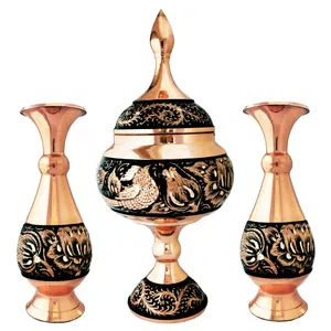 ست 3 تکه گلدان و شکلات خوری مسی مدل الماس تراش کد JR-1623