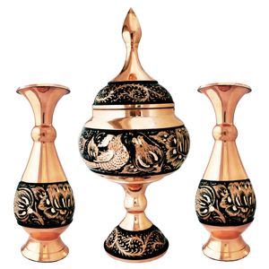 ست 3 تکه گلدان و شکلات خوری مسی مدل الماس تراش کد JR-1623