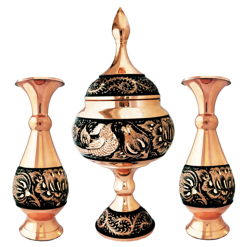 ست 3 تکه گلدان و شکلات خوری مسی مدل الماس تراش کد JR-1623