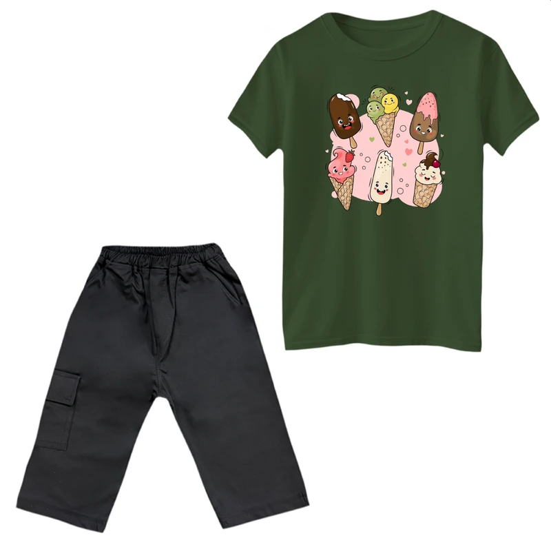 ست تی‌شرت آستین کوتاه و شلوارک دخترانه مدل بستنی های خوشحال