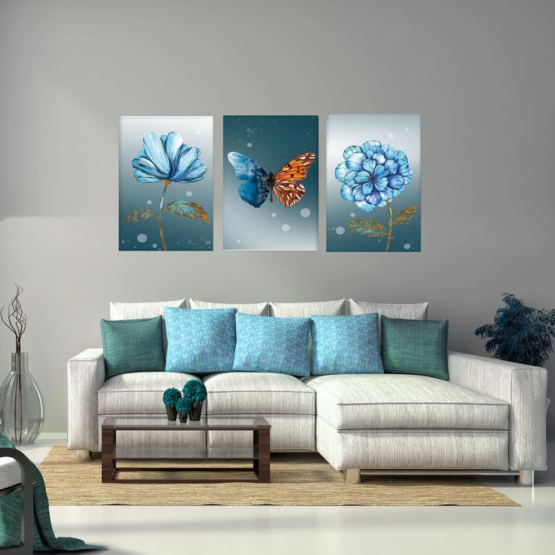 تابلو شاسی بکلیت طرح مدرن گل آبی و پروانه رنگی مدل SH-1896 مجموعه 3 عددی