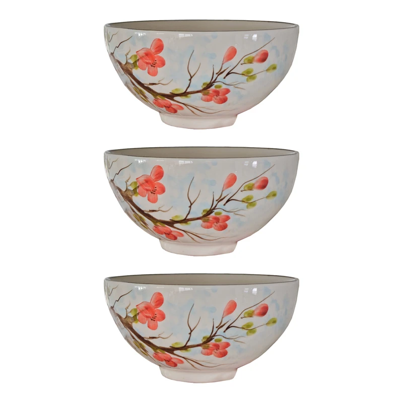 کاسه سفالی مدل آبگوشت خوری طرح شکوفه هلو بسته ۳ عددی