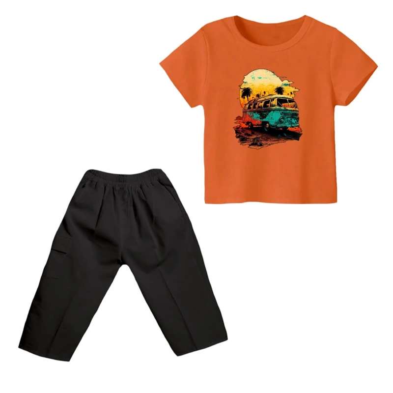 ست تی شرت و شلوارک پسرانه مدل فولوکس کد۲ رنگ نارنجی
