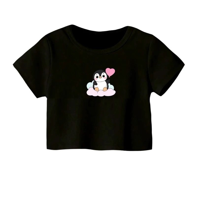 کراپ‌ تی‌شرت آستین کوتاه زنانه مدل پنگوین بادکنک کد 01