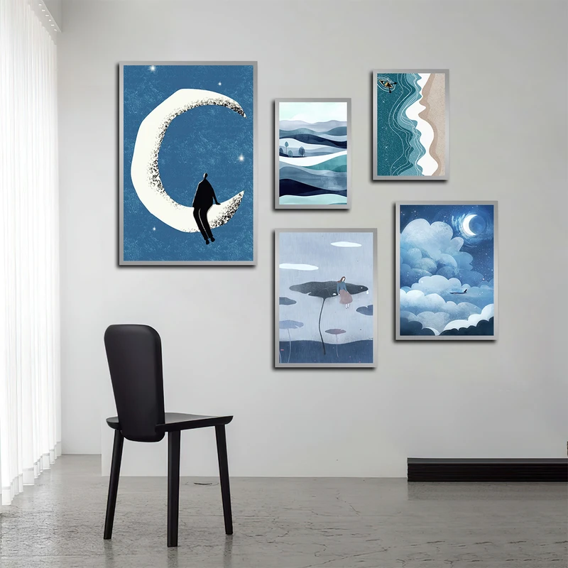 تابلو بکلیت طرح نقاشی منظره آسمان و ماه مدل SI-3437 فریم نقره ای مجموعه 5 عددی