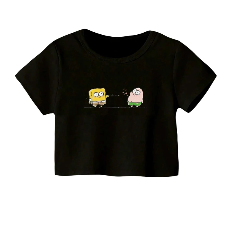 کراپ‌ تی‌شرت آستین کوتاه زنانه مدل پاتریک و باب اسفنجی