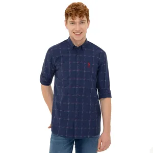 پیراهن آستین بلند مردانه یو اس پولو مدل نخی رنگ آبی