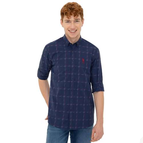 پیراهن آستین بلند مردانه یو اس پولو مدل نخی رنگ آبی