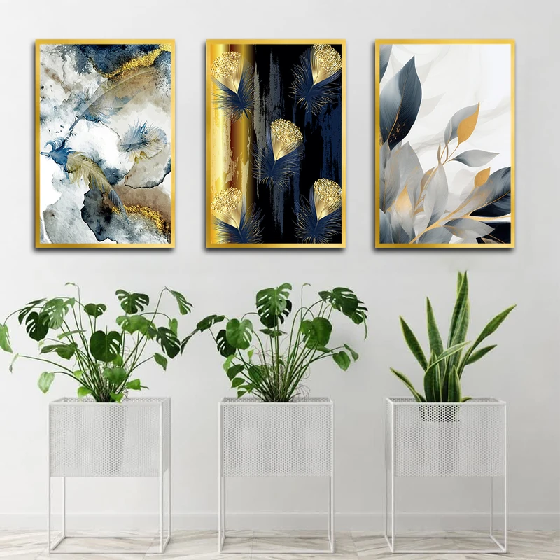 تابلو بکلیت طرح مدرن برگ و پر رنگی مدل T-3302 فریم طلایی مجموعه 3 عددی