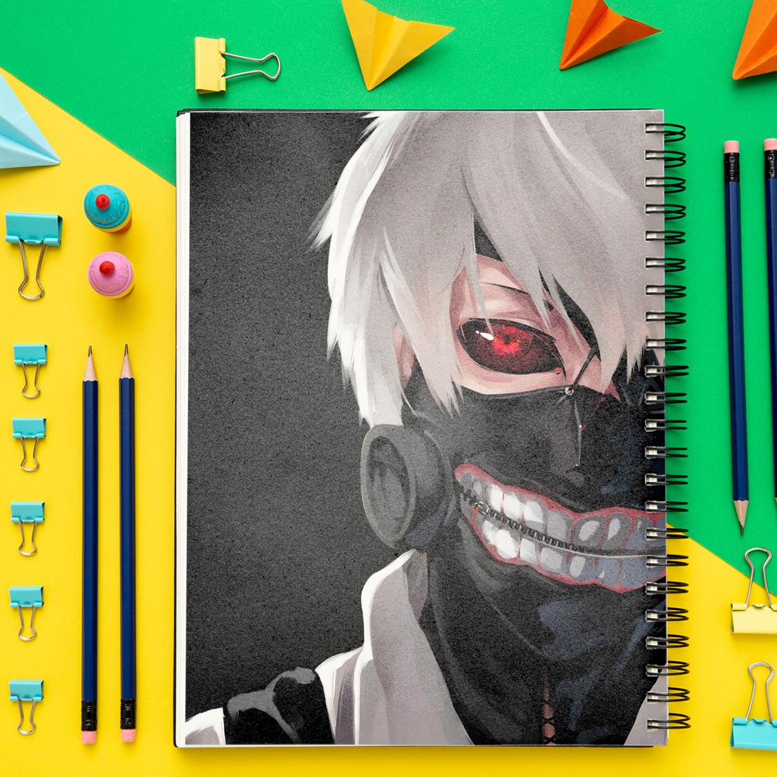 دفتر مشق باژیکان طرح انیمه توکیو غول Tokyo Ghoul کد 20211497 به همراه استیکر لپ تاپ مجموعه 14 عددی