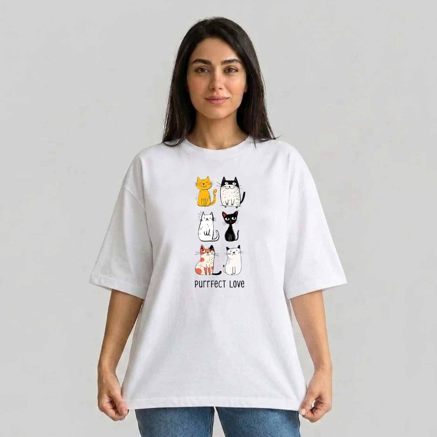 تی شرت آستین سه ربع زنانه مدل باکسی طرح گربه های عاشق کد v17