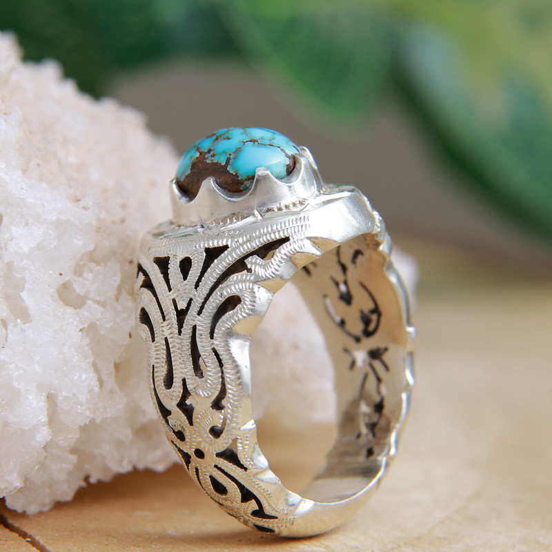 انگشتر نقره مردانه بازرگانی میلادی مدل فیروزه نیشابور رکاب دستساز کد AM_972