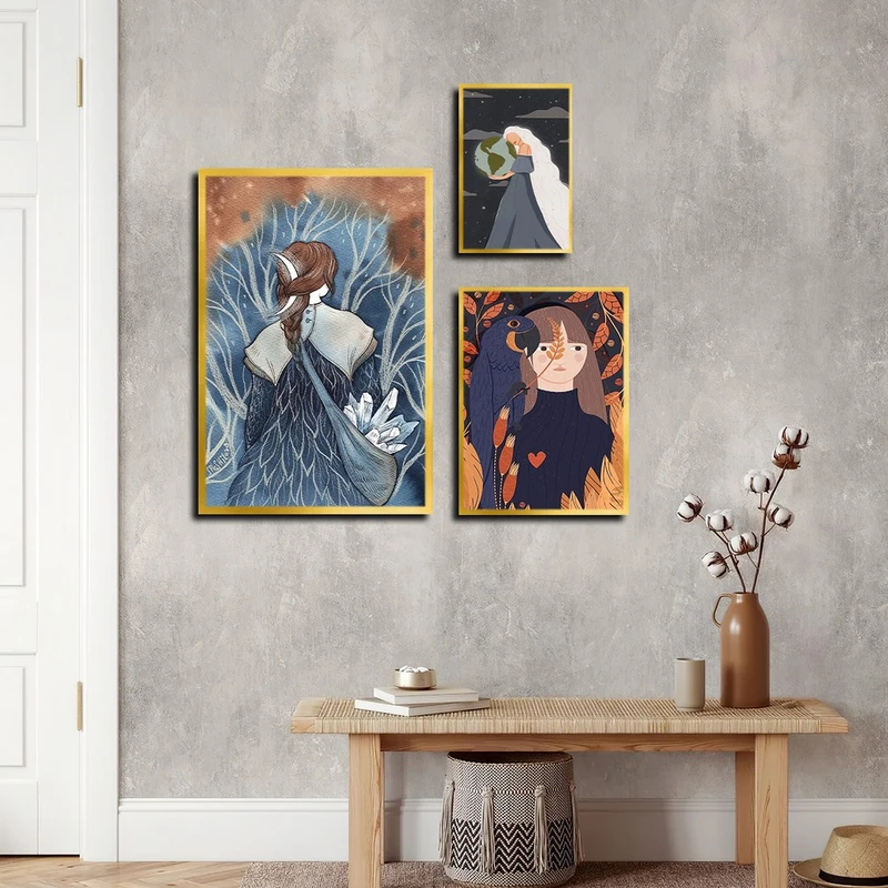 تابلو بکلیت طرح نقاشی دخترانه و فانتزی مدل T-4010 فریم طلایی مجموعه 3 عددی