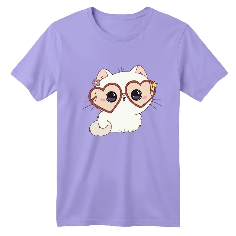 تی شرت آستین کوتاه بچگانه مدل گربه عینک قلبی