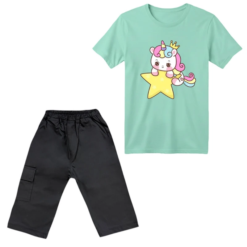 ست تی‌شرت آستین کوتاه و شلوارک دخترانه مدل یونیکورن کد ۱۰