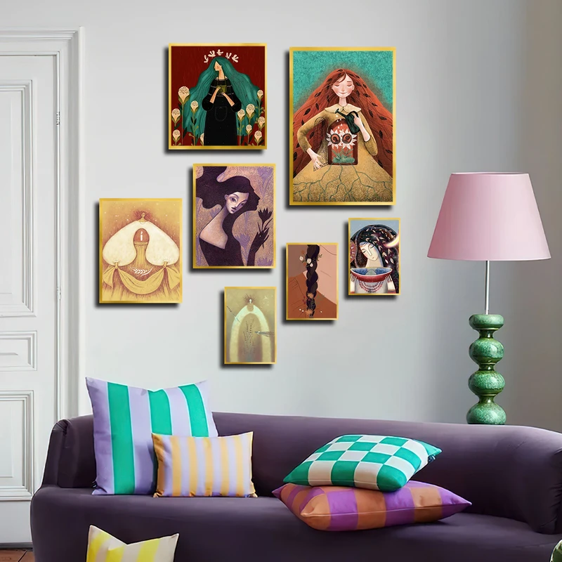 تابلو بکلیت طرح دکوراتیو نقاشی مینیمال مدل T-3843 فریم طلایی مجموعه 7 عددی