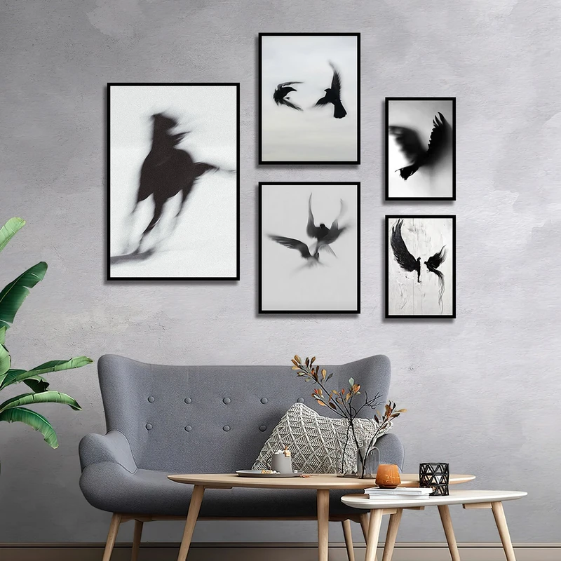 تابلو بکلیت طرح طراحی سیاه قلم پرنده مدل B-2968 مجموعه 5 عددی