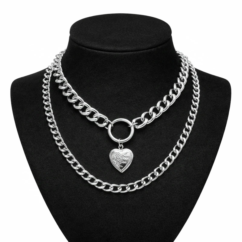 گردنبند زنانه مدل دولایه زنجیری قلبی