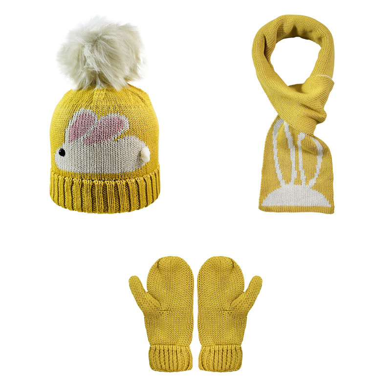 ست کلاه و شال گردن و دستکش بافتنی دخترانه اندلس مدل 67012 رنگ زرد