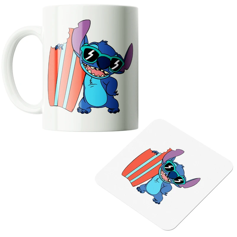 ماگ پاد آفرین مدل کارتونی استیچ و لیلو کد PZ167 به همراه زیرلیوانی