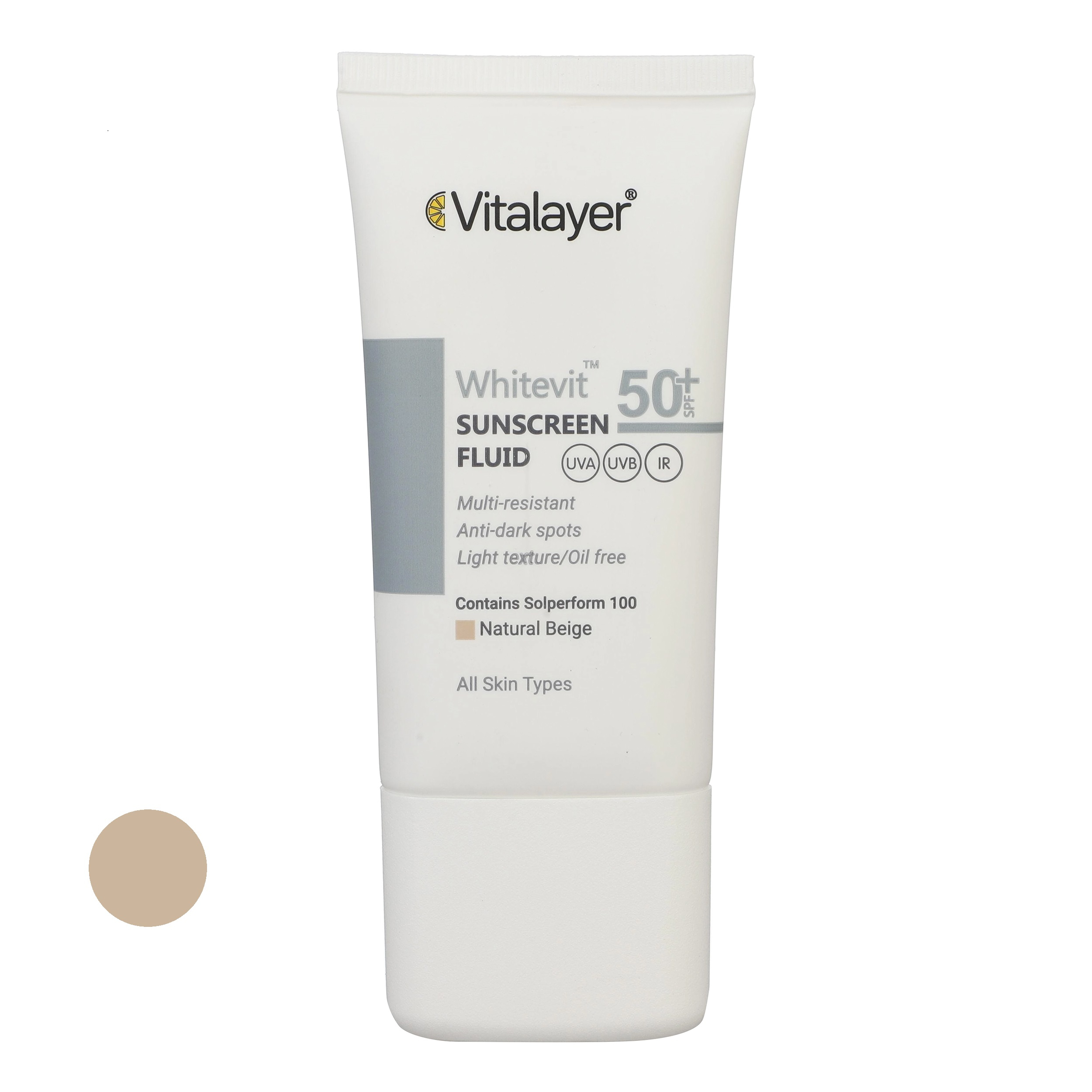 فلوئید ضدآفتاب رنگی ویتالیر SPF 50 مدل Whitevit مناسب انواع پوست حجم 50 میلی لیتر