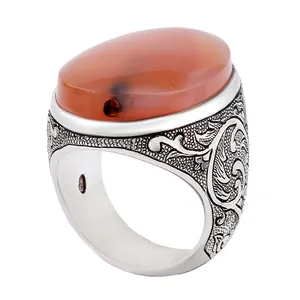 انگشتر نقره مردانه بازرگانی میلادی مدل رکاب دست ساز سیاه قلم سنگ عقیق یمنی کهنه کد AM_2758