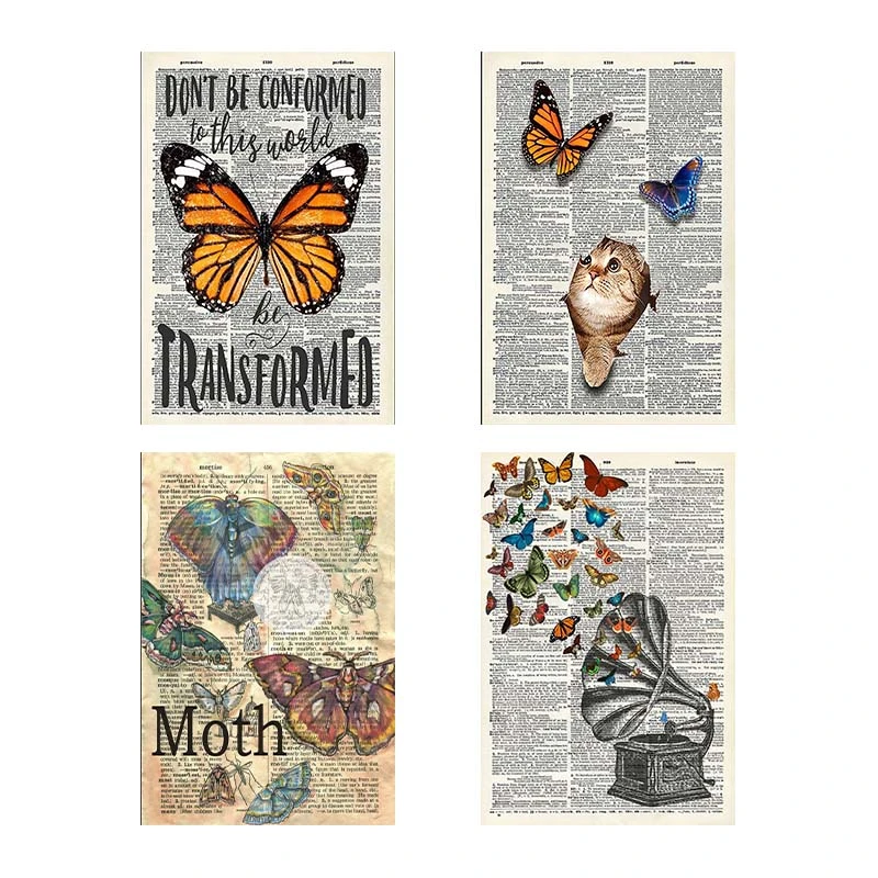 تابلو شاسي کارنيکا طرح روزنامه وینتج پروانه Vintage Newspaper Butterfly کد 36361 مجموعه 4 عددی