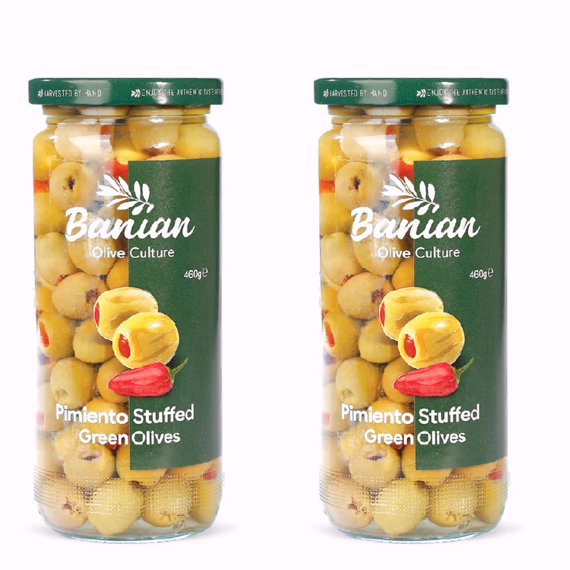 زیتون سبز با مغزی فلفل بانیان - 460 گرم بسته 2 عددی