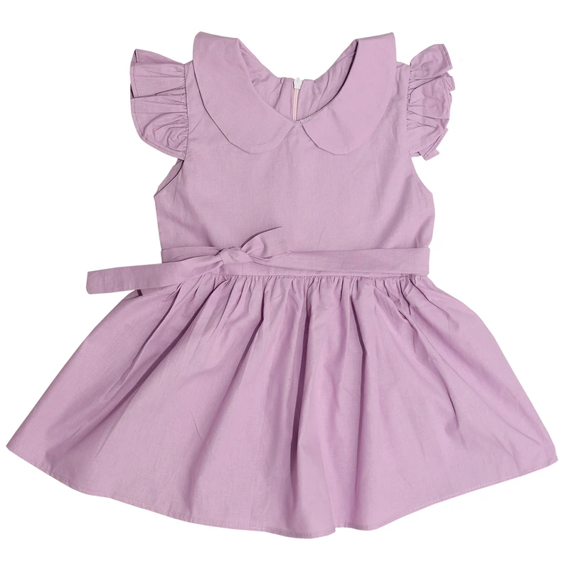 پیراهن آستین تا روی شانه یقه ب ب دخترانه گنجشکک مدل کتان نخ پرنسسی رنگ یاسی