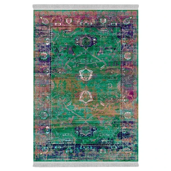 فرش ماشینی 1000 شانه دفه زمینه سبز حاشیه سبز مدل ابریشم‌نما کد 0633