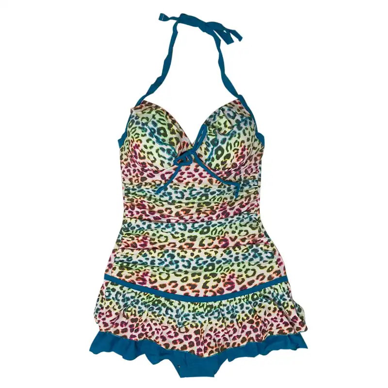 مایو زنانه مدل دامن دار کاپدار پلنگی رنگ فیروزه ای