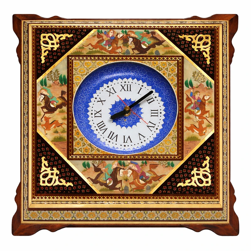 ساعت دیواری خاتم کاری چوبی طرح نقاشی چوگان برجسته کد P-0003