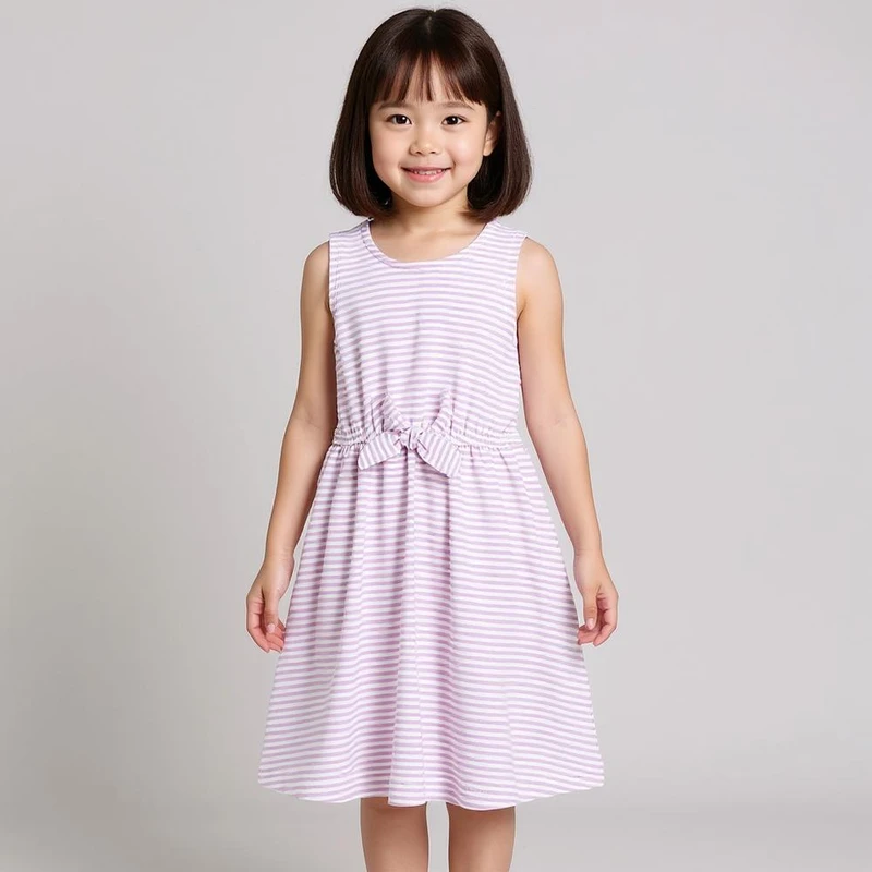 پیراهن بدون آستین یقه گرد دخترانه مدل راه راه کد PK-YAS رنگ یاسی