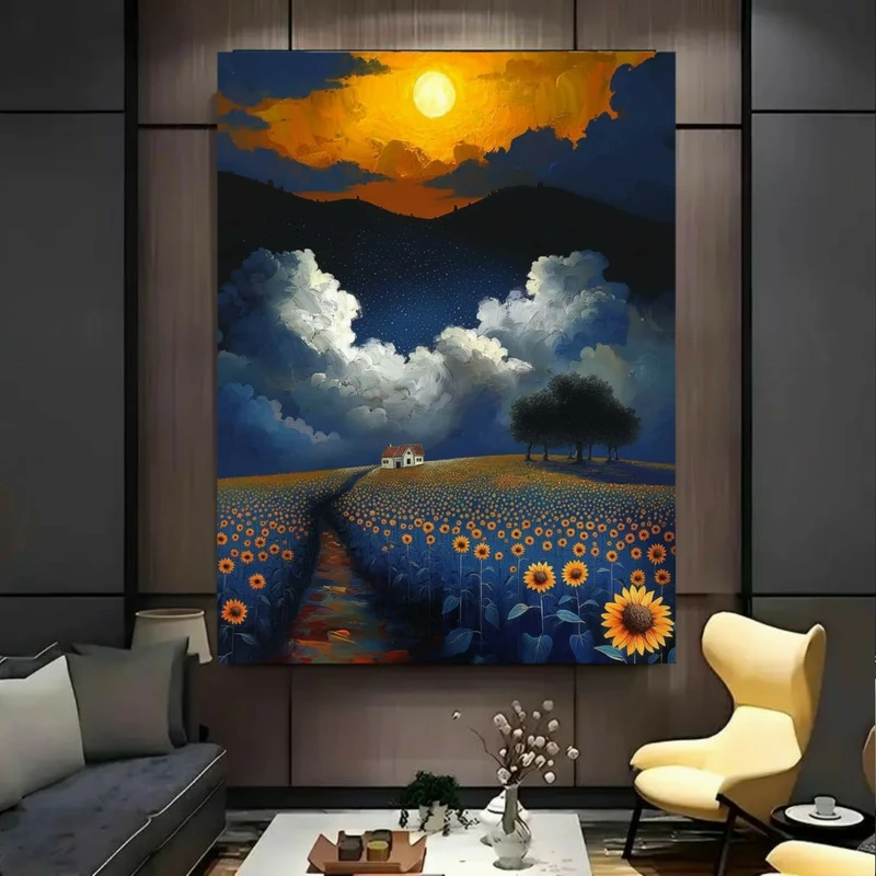 تابلو بوم طرح مخمل مزرعه آفتابگردان مدل طلوع خورشید کد GR1824