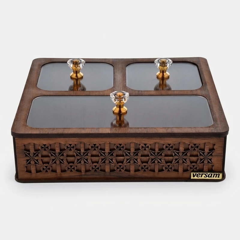 جعبه پذیرایی مدل یاس کد P301 شکلات‌خوری مربع MDF، پلاستیک و پلکسی گلس با ابعاد 20x19x5.5 سانتی‌متر و وزن 330 گرم، غیرقابل شستشو