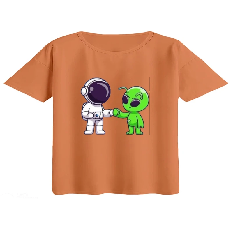 کراپ تی‌شرت آستین کوتاه زنانه مدل فضانورد و آدم فضایی