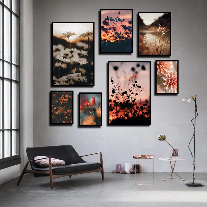 تابلو بکلیت طرح طبیعت و غروب و گل داوودی مدل B-3657 فریم مشکی مجموعه 7 عددی
