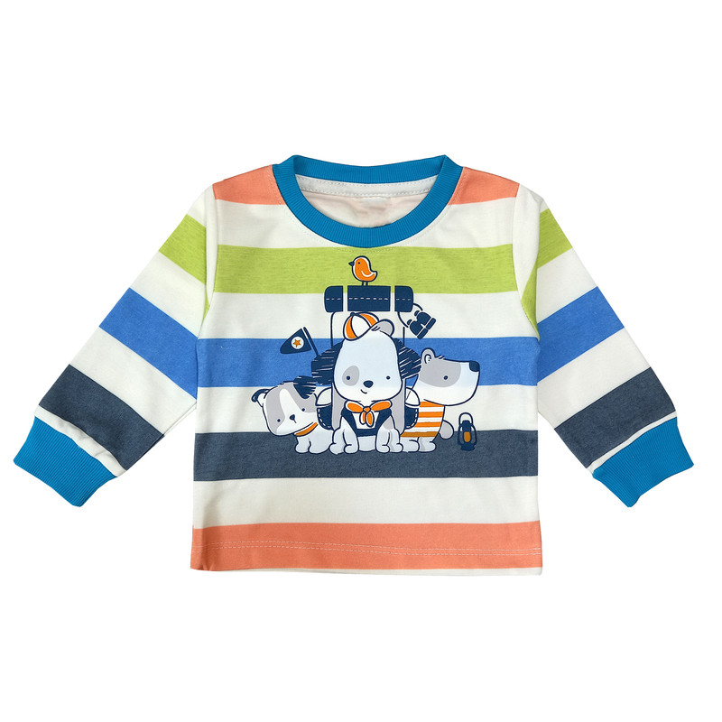 ست تی شرت و شلوار پسرانه مدل راه راه سه کله سگ کد 3544 رنگ آبی نفتی