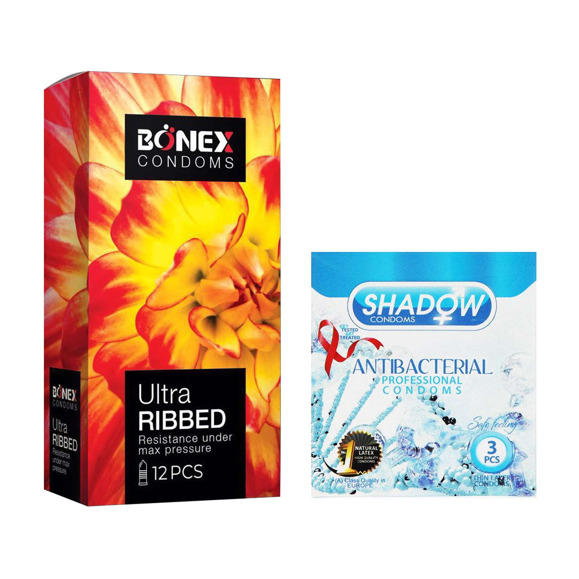 کاندوم بونکس مدل Ultra Ribbed بسته 12 عددی به همراه کاندوم شادو مدل Anti Bacterial بسته 3 عددی 