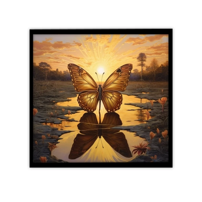 تابلو نوری بکلیت طرح طلوع خورشید و پروانه طلایی مدل لایت باکس B-MID-19910