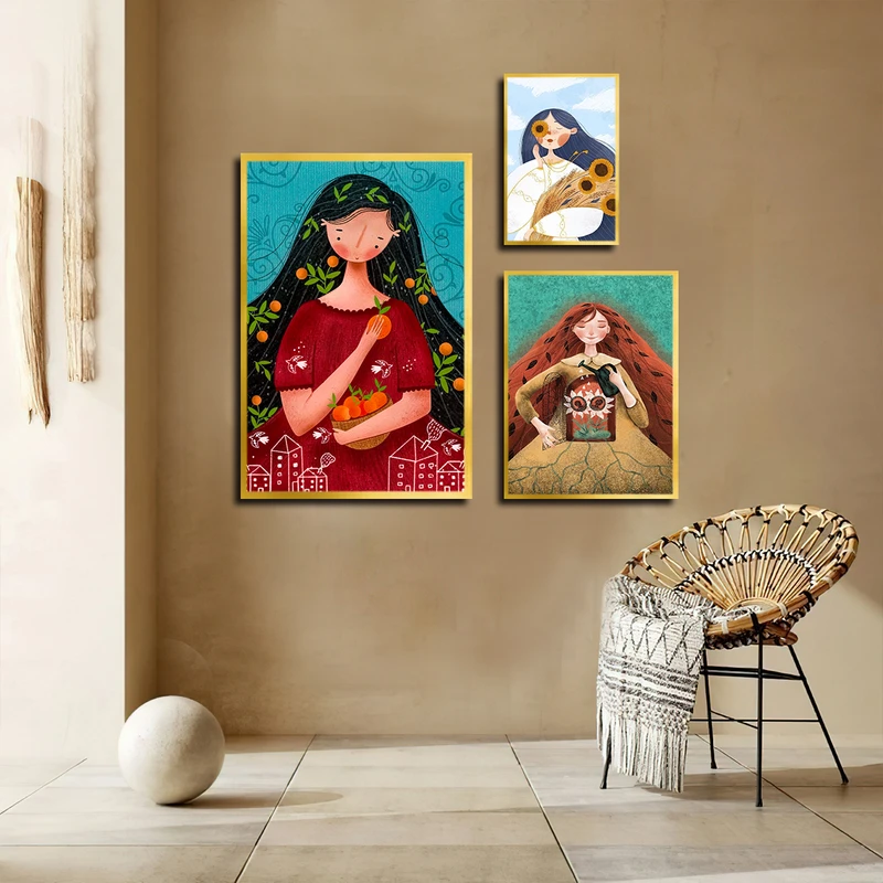 تابلو بکلیت طرح نقاشی چهره و گل آفتابگردان مدل T-3855 فریم طلایی مجموعه 3 عددی