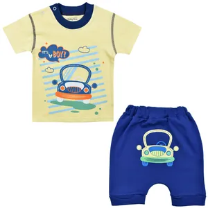 ست تی شرت و شلوارک نوزادی بی بی وان مدل ماشین زرد