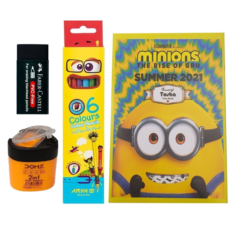 مداد 6 رنگی آریا مدل مهر به همراه دفتر نقاشی  و پاکن و تراش مخزن دار مجموعه 9 عددی