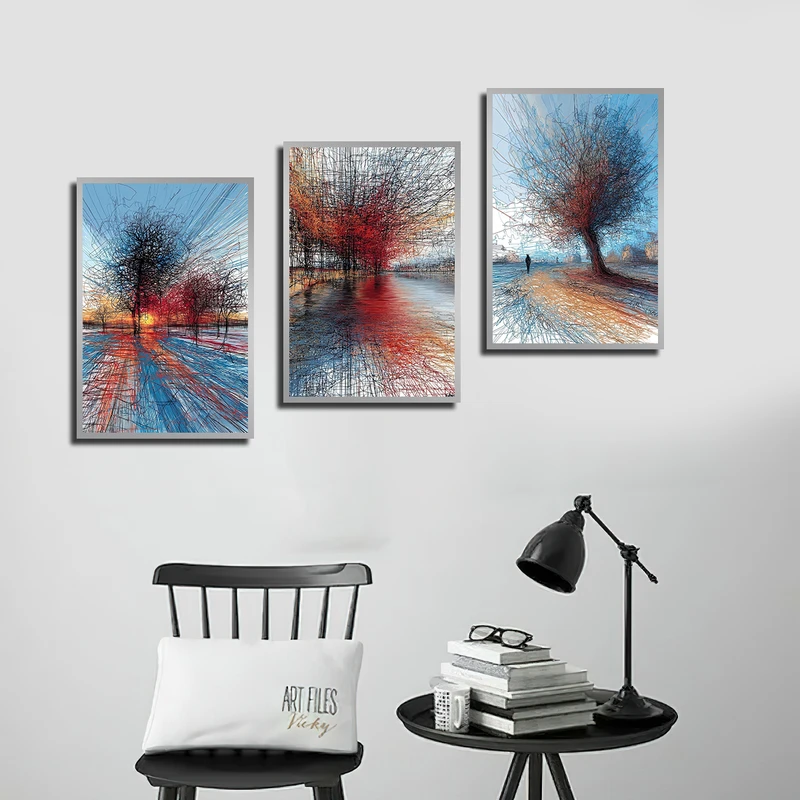 تابلو بکلیت طرح مدرن نقاشی خطوط درخت مدل SI-3780 فریم نقره ای مجموعه 3 عددی