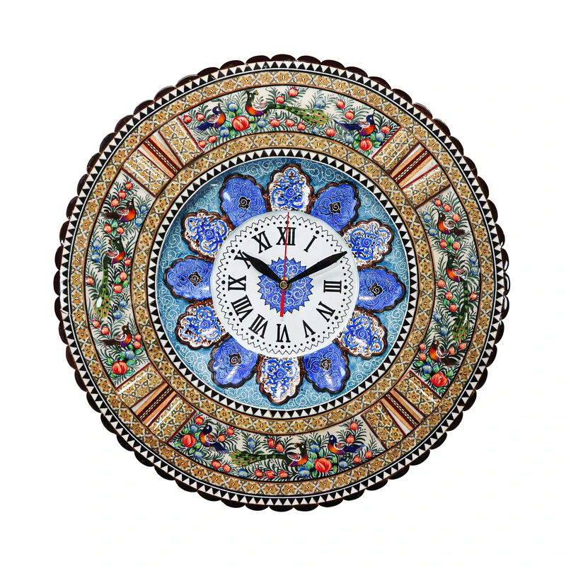 ساعت دیواری خاتم کاری مدل گرد طرح گل و مرغ برجسته کد 43d23-2f3Gr